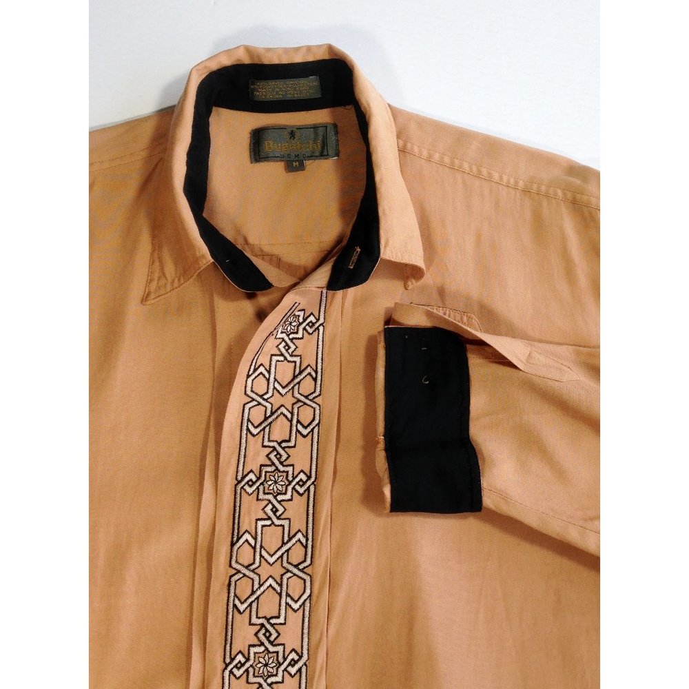 Bugatchi Uomo Shirt Rust Orange Embroidered Placket Flip Cuffs RARE - MEDIUM